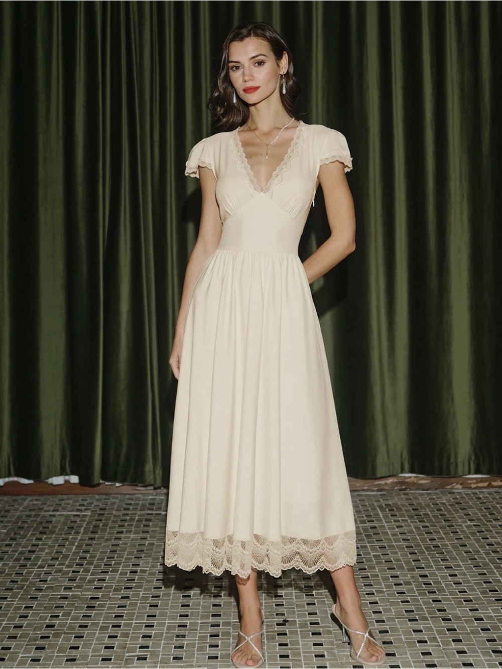 Elegant Cream Lace-Trim Midi Dress